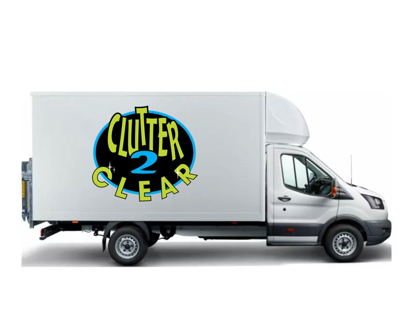 White box truck with 'Clutter 2 Clear' logo on the side panel.